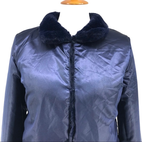 Maison Jules Navy Blue Reversible Faux Fur Long Sleeve Jacket Coat - Picture 8 of 16